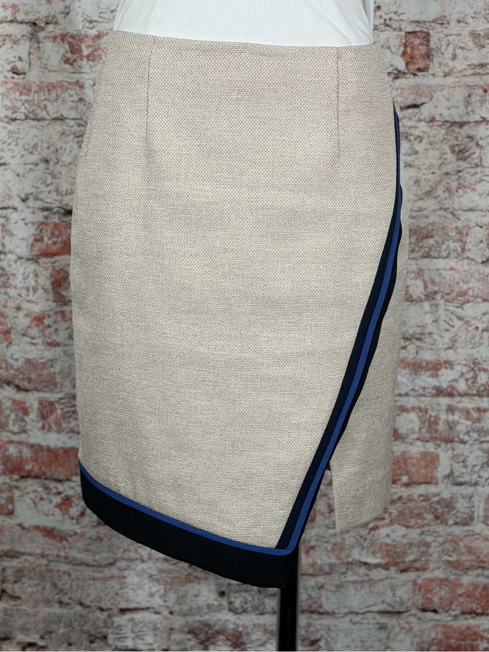 White House Black Market Cream Wrap Pencil Skirt with Blue Trim - Picture 2 of 7